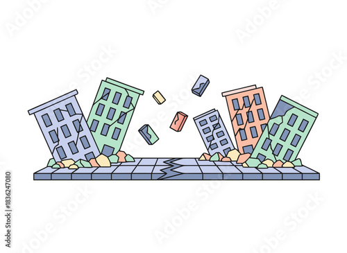 Pixelated Cityscape Illustration Depicting Buildings Damaged and Crumbling with Debris Falling Against a Dark Background