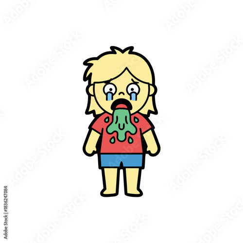 Pixelated Cartoon Girl Vomiting Green Slime on Red Shirt and Blue Shorts Against Black Background