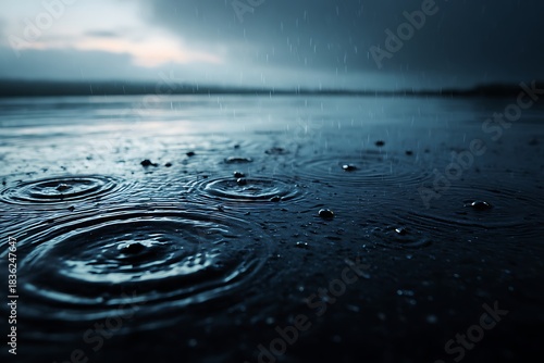 Raindrops creating ripples on a dark water surface