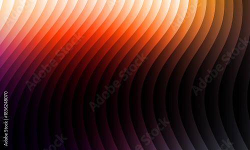 Neon ripple glass gradient in magenta, violet, ember orange on deep midnight. Sharp ribbed distortion, cinematic glow; futuristic texture background, vector illustration