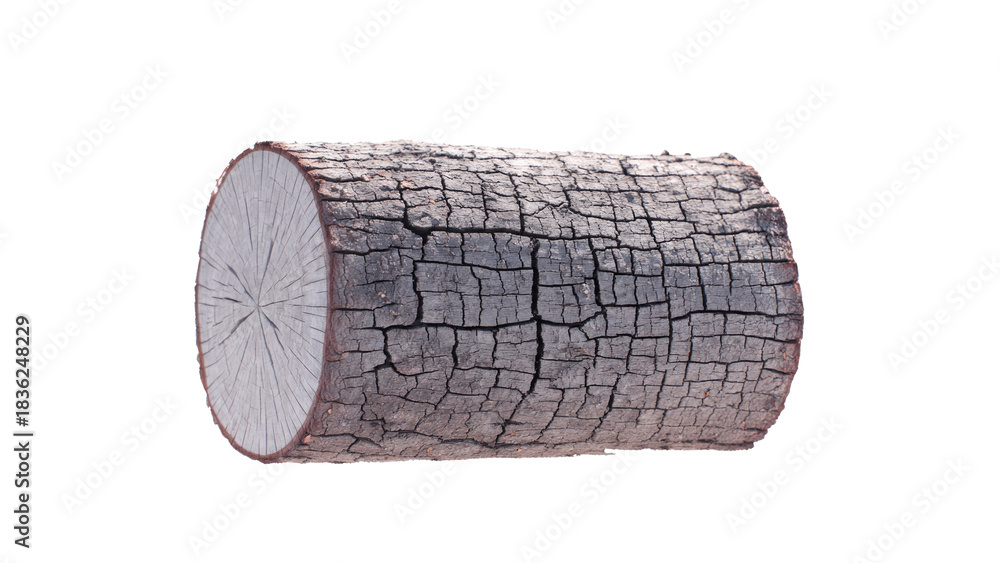 Obraz premium A single, isolated wooden log featuring a rough, cracked bark texture and a detailed visible cross-section, ideal for natural themes. background removed