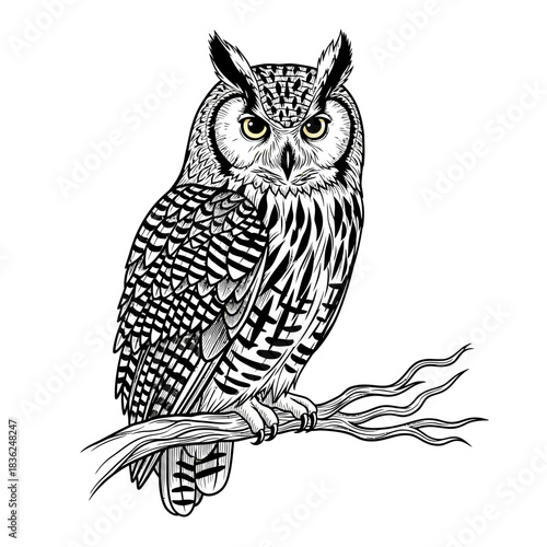 Detailed Line Art Illustration of an Owl Perched on a Branch.