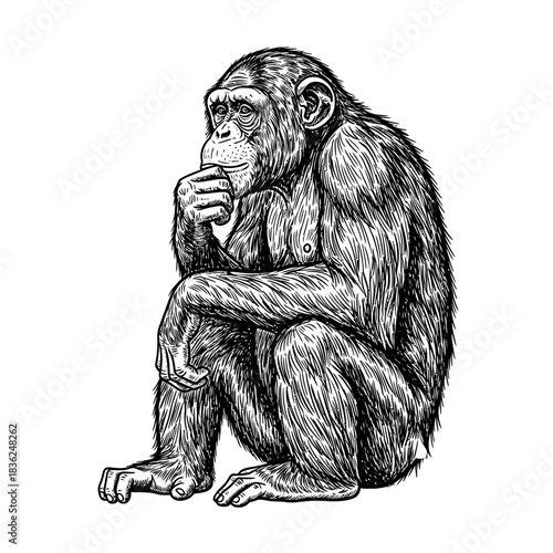 Detailed Illustration of a Pensive Chimpanzee in Deep Thought.