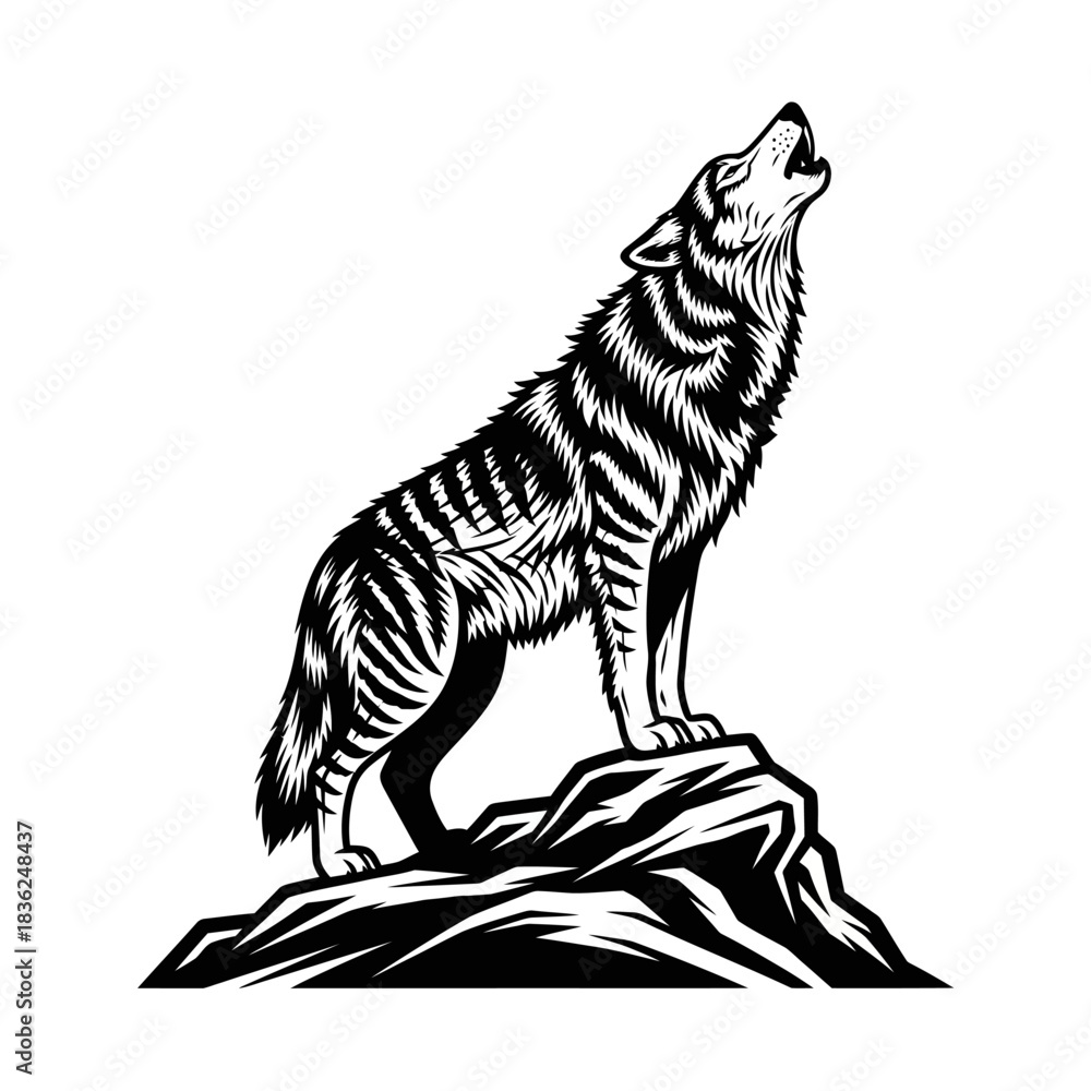 Obraz premium Majestic Wolf Howling on Rocky Peak, Striking Black and White Illustration.