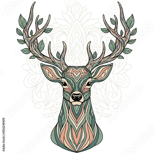 Intricate Deer Head Illustration with Floral Antlers and Geometric Patterns.