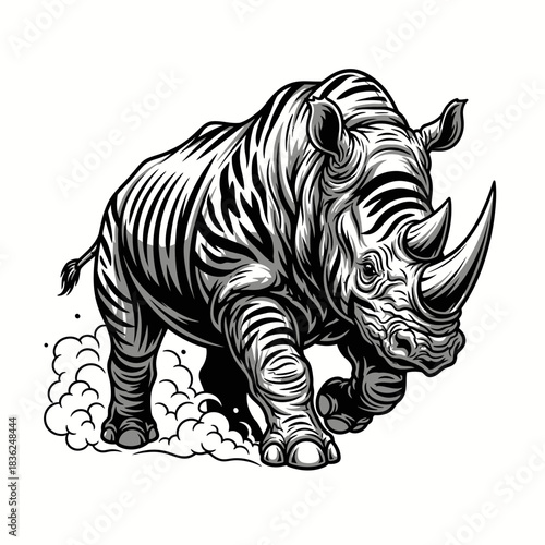 Powerful Black and White Rhino Illustration with Dynamic Movement and Detailed Shading.