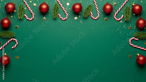 Green Christmas Background with Candy Canes, Baubles, and Gold Stars