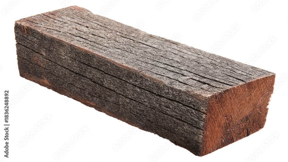 Fototapeta premium A weathered, rustic timber beam or railroad tie, showcasing its rough, aged texture and cracked surface, with a reddish-brown cross-section. background removed