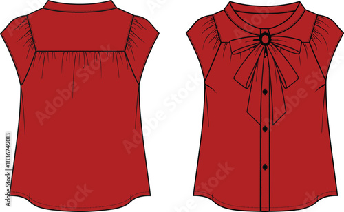 Front and back sketch of sleeveless blouse with gathered yoke, bow neckline, button-down front, and decorative feminine detailing