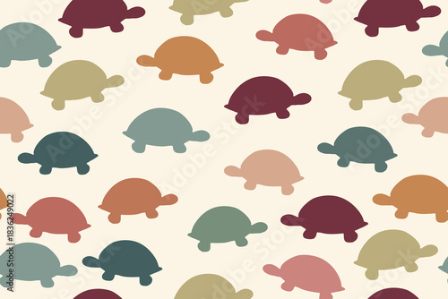 A cute seamless pattern of simple turtle silhouettes in soft earthy tones, creating a warm and playful design perfect for kids’ decor, textiles, and backgrounds.