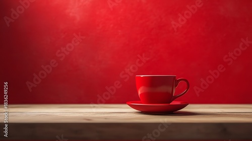 Elegant Red Teacup on Weathered Wooden Surface with Soft Warm Lighting