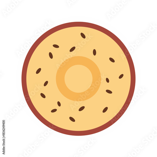 Round baked bagel with sesame seeds isolated on white background with a dark brown crust and light tan interior close up view of a delicious breakfast pastry