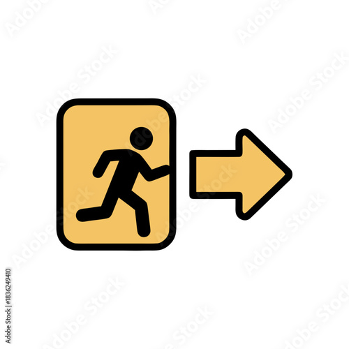 Running Figure Icon Showing Exit And Directional Arrow In Yellow And Black On A Solid Black Background