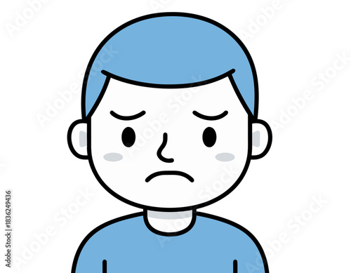 Sad Cartoon Boy Expression Flat Vector Illustration With Blue Hair and Light Blue Shirt on Black Background.