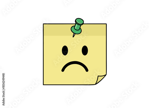 Sad Face On Yellow Sticky Note Pinned With Green Thumbtack Isolated On Black Background
