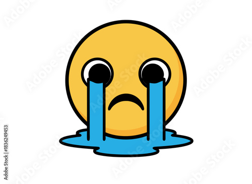 Sad crying emoji with tears overflowing a yellow face with black background and expressive cartoon eyes and mouth depicting sadness and sorrow
