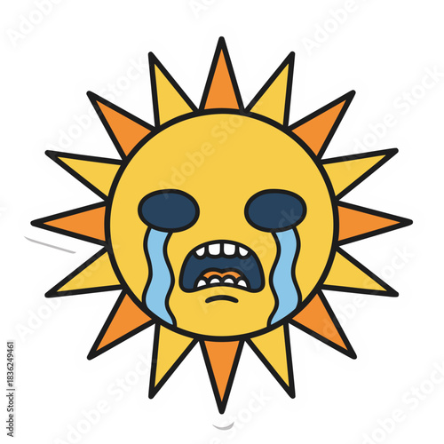 Sad Sun Cartoon With Tears Yellow Orange Rays Black Outline Minimalist Flat Vector Art