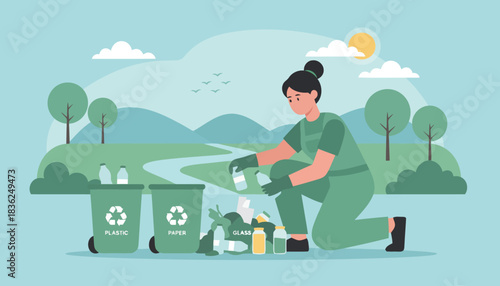 Woman Cleaning Up Park Litter And Recycling Waste.