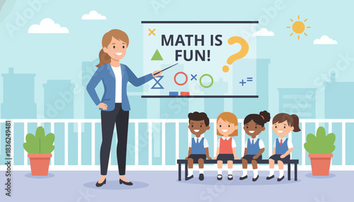 Teacher Teaching Math Lesson Outdoors to Children.