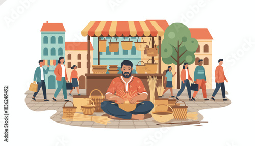 Street Market Vendor Sitting Among Baskets and Produce.
