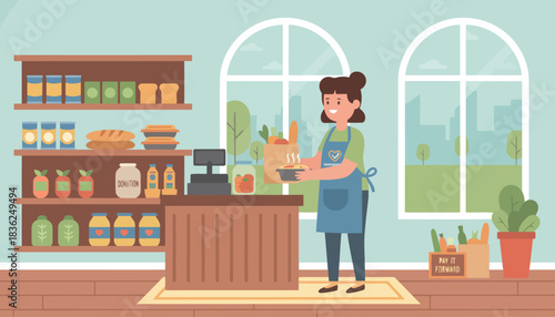 Cheerful barista serving beverages behind the counter.