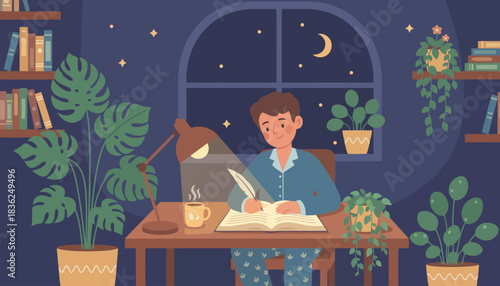 Young student studying at night at desk.