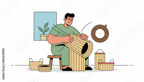 Craftsman weaving a basket with rattan materials.