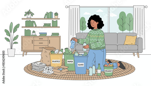 Woman organizing belongings and groceries at home.