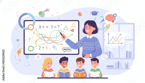 Female teacher presenting data to students in classroom.