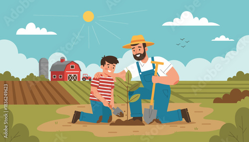 Farmer and helper working together in a rural field.