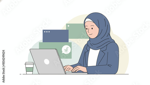 Hijab Wearing Woman Working on Laptop at Desk.