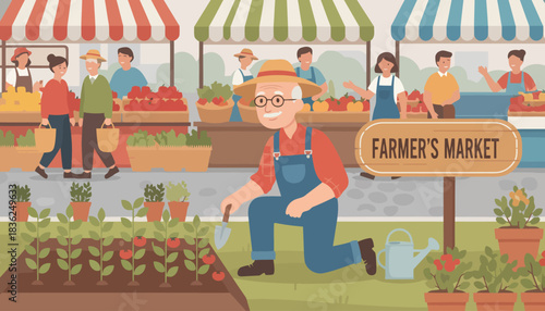 Cheerful Farmer at Busy Market Stall.