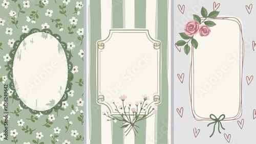 Soft Pastel Vintage Template Set of Three Frames with Floral and Stripe Backgrounds