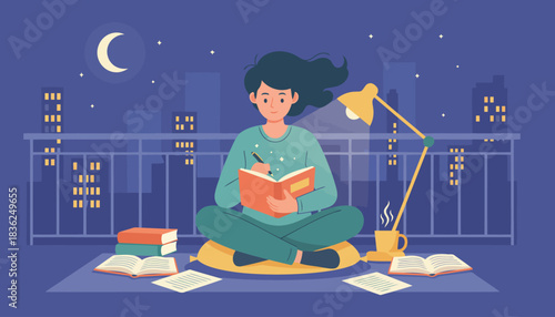 Nighttime reading person on balcony surrounded by books.