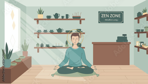 Meditating person in tranquil indoor studio.