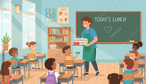 Kind Teacher Serving Lunch to Students in Classroom.