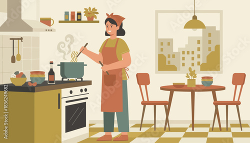 Chef In Kitchen Cooking At Stove.