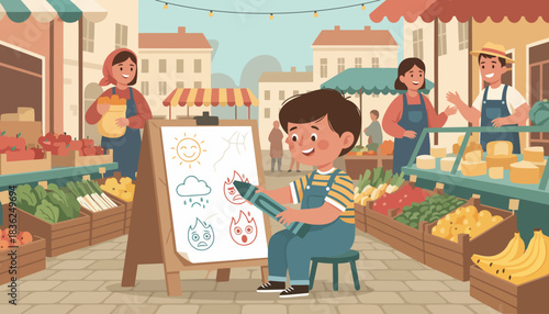 Young market vendor drawing illustration at outdoor market.