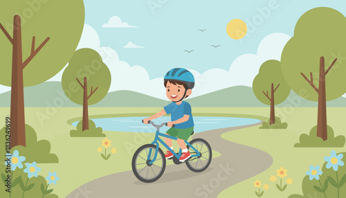 Young cyclist riding a bicycle in a peaceful park.