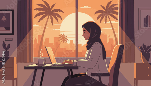 Woman Working on Laptop at Home Office.