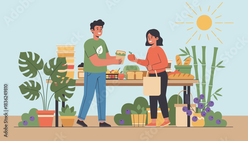 Two People Buying Produce at a Sunny Farmer Market.