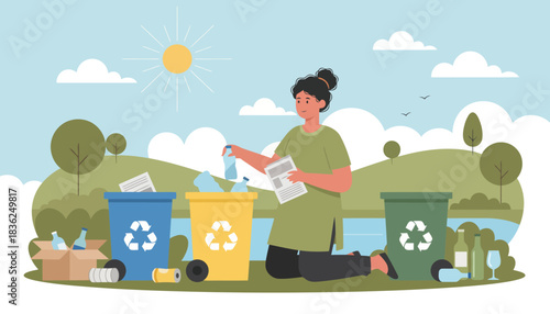 Woman Sorting Recycling Materials in Park.