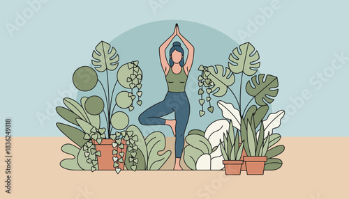 Yoga Practitioner in Tree Pose Among Plants.