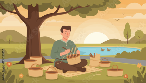 Man Preparing Food Bowls Outdoors by Lake.