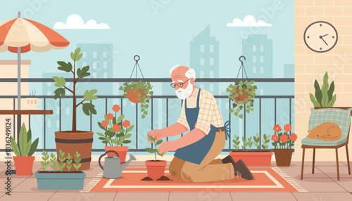 Elderly man gardening on balcony with potted plants.