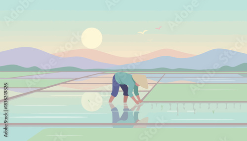 Salt Field Worker Bending Over In Water At Sunset.
