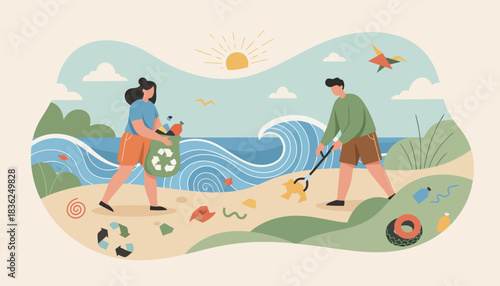 Two people playing with a dog on a sunny beach.