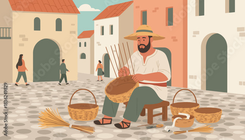 Bread Seller Kneeling Among Loaves in Rustic Market.