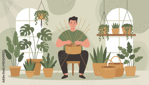 Man Sitting Among Hanging and Potted Plants.