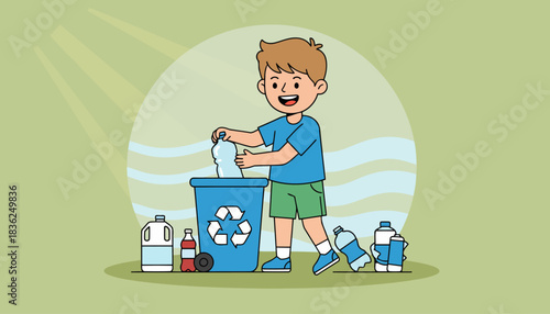 Young Boy Demonstrates Recycling by Placing Waste in Recycling Bin.